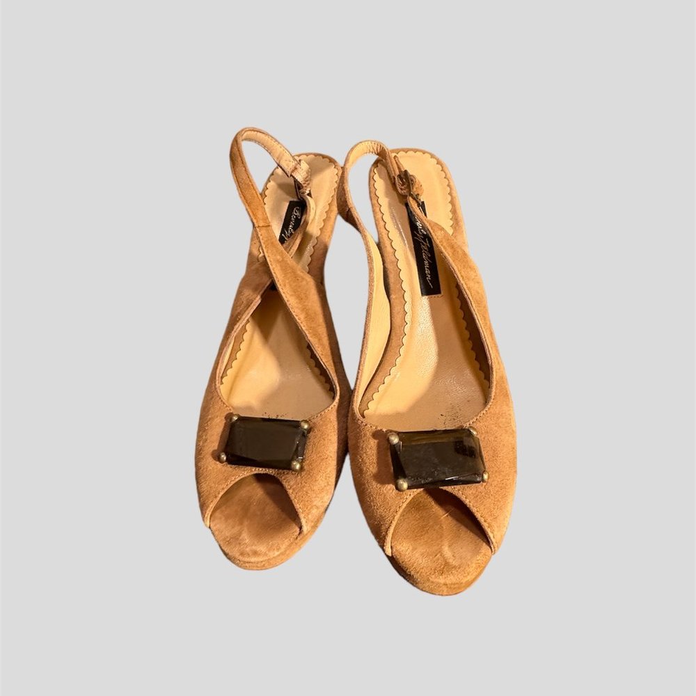Beverly Feldman size 8 beige suede sling back jeweled shoes